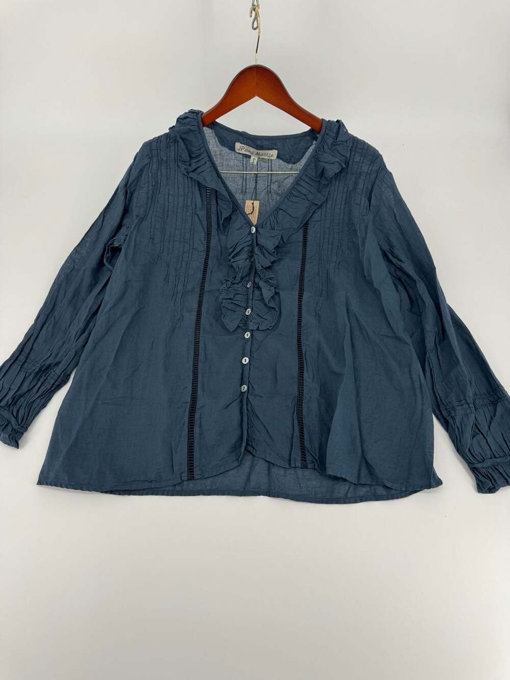 JP and Mattie Blue Cotton Ruffle Long Sleeve Blouse Size S